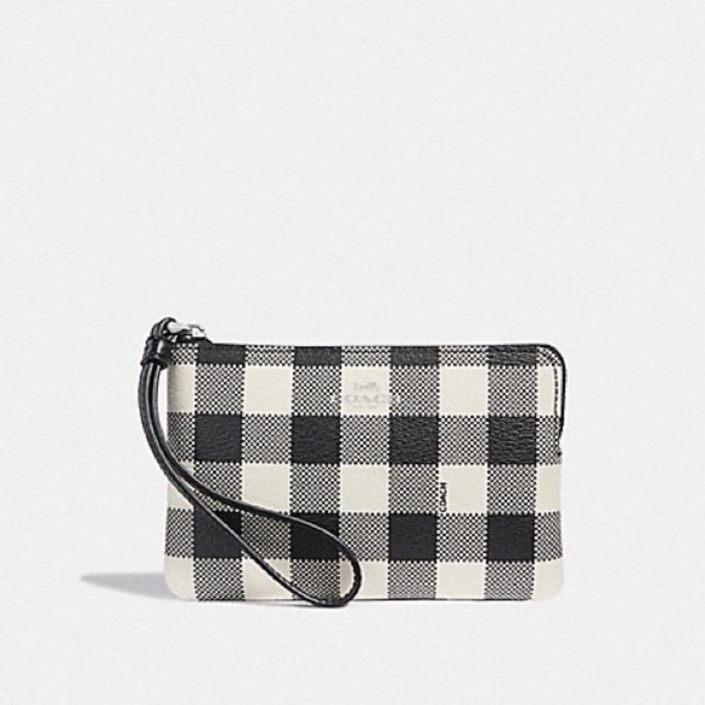 Coach Corner Zip Leather Wristlet (Gingham)